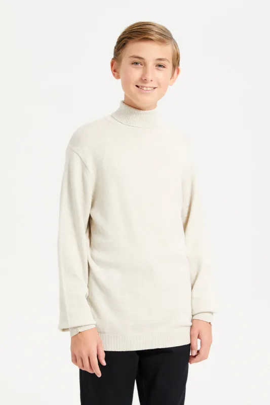Senior Boys Ecru Mel Turtle Neck Pullover sold by Redtag