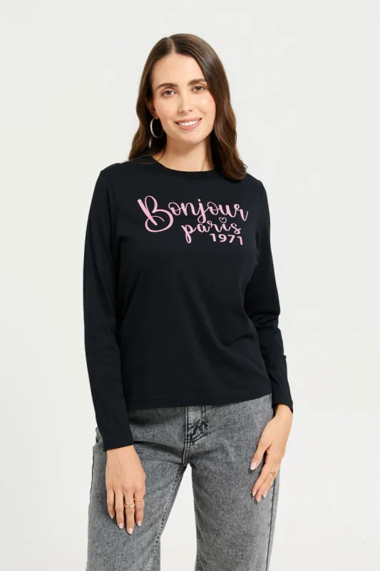 Women Black Printed  Long Sleeves T-shirt sold by Redtag