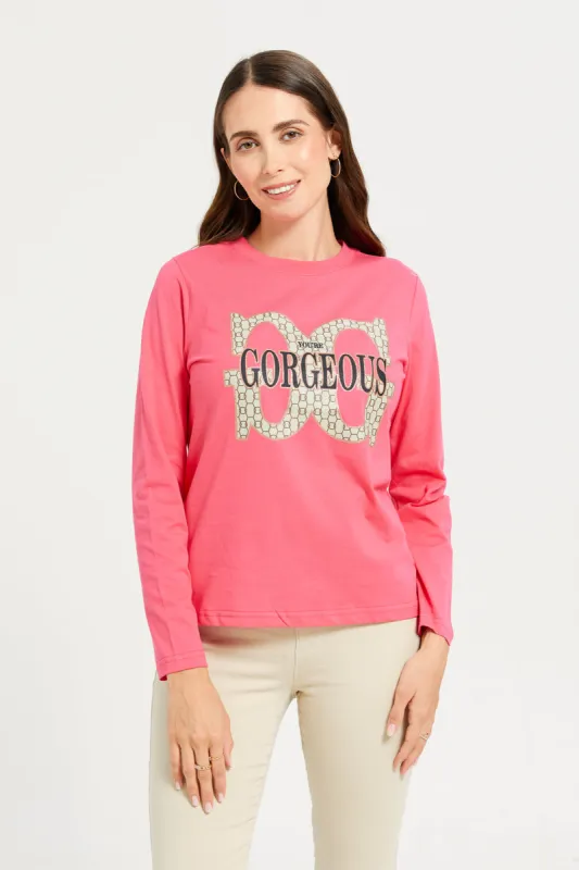 Women Pink Printed  Long Sleeves T-shirt sold by Redtag