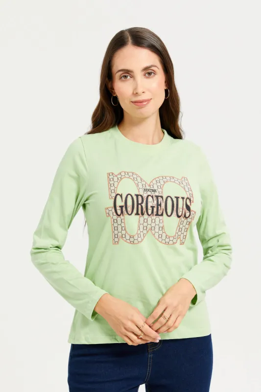 Women Green Printed  Long Sleeves T-shirt sold by Redtag