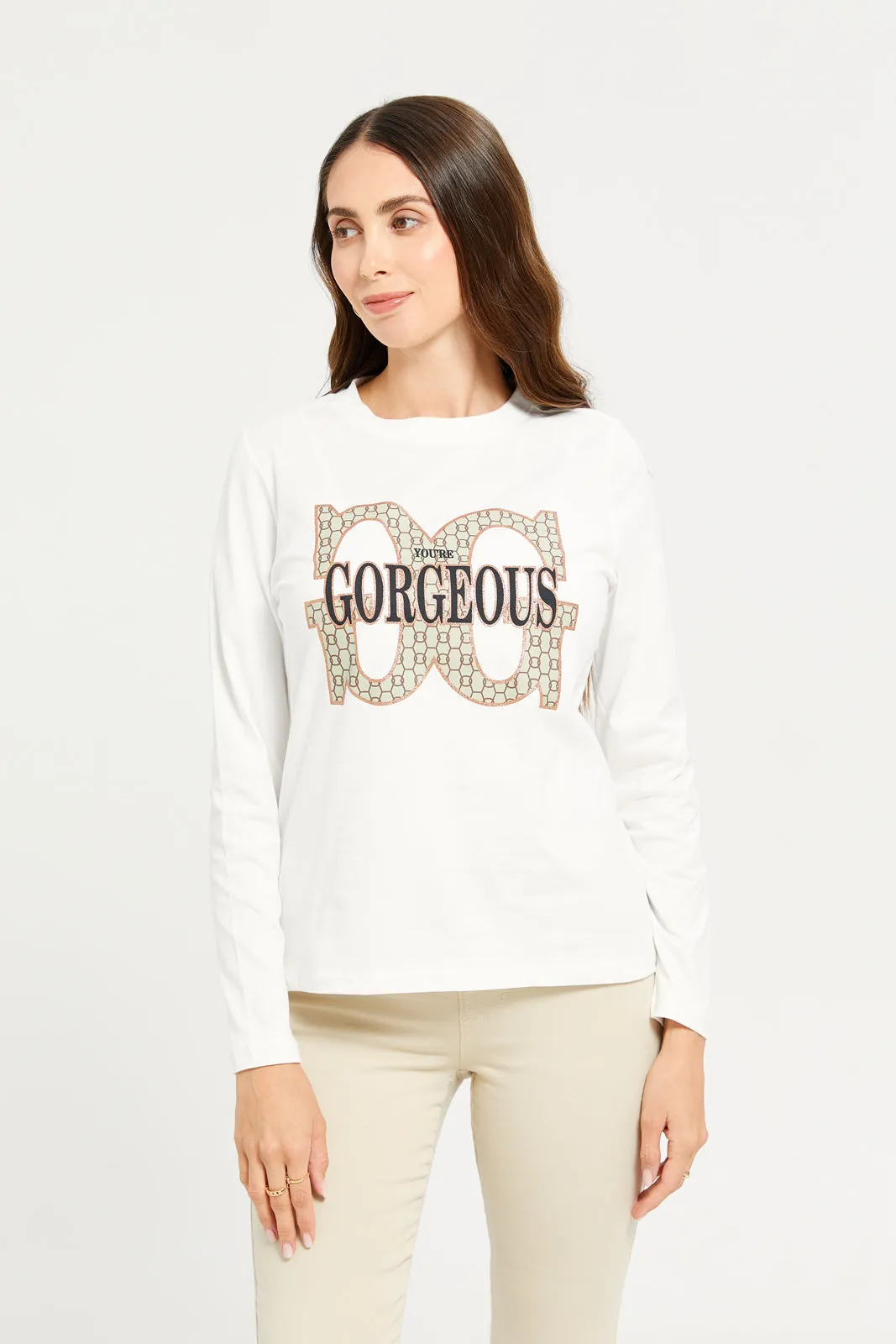 Women White Printed Long Sleeves T-shirt sold by Redtag
