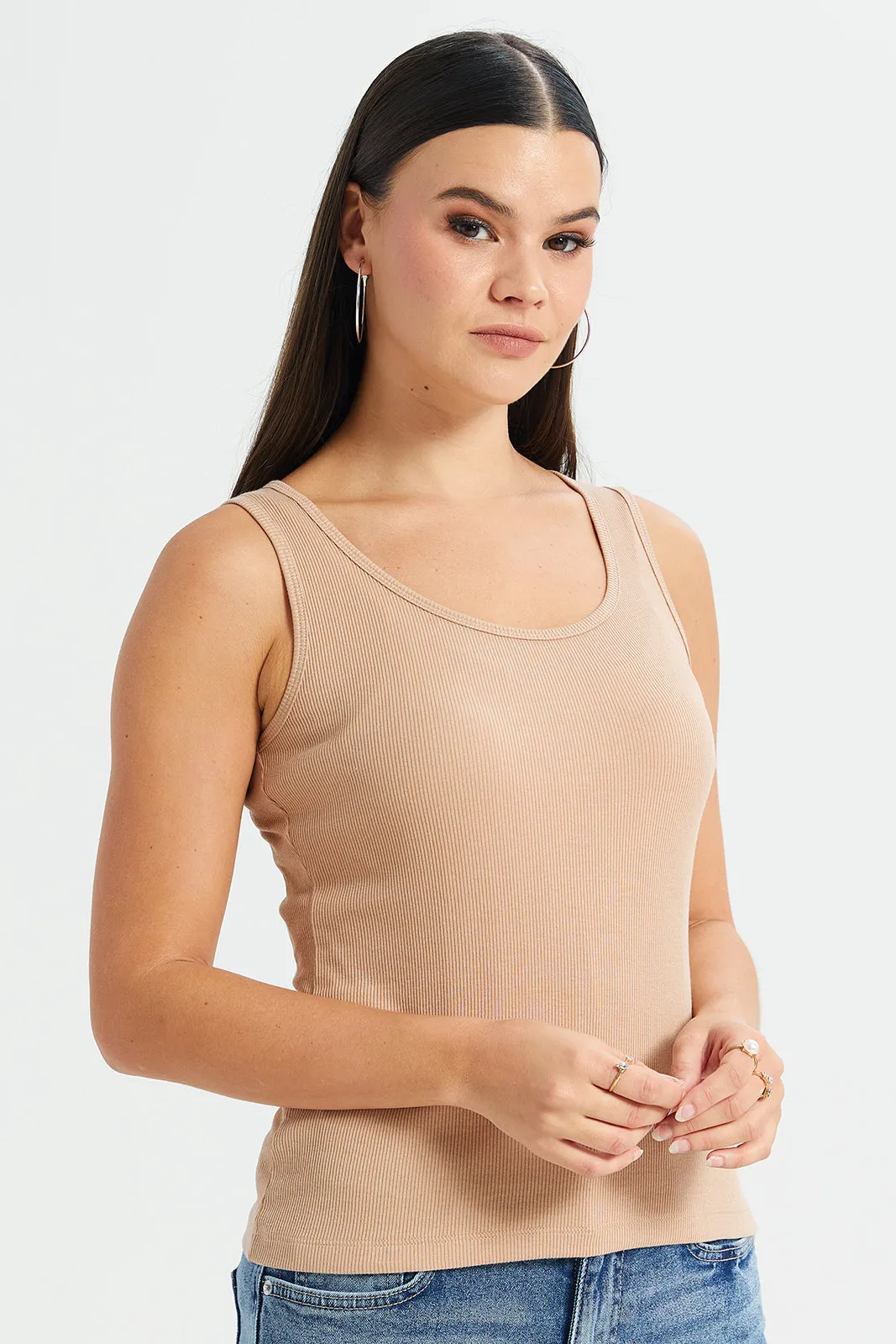 Women Beige Ribbed Vest sold by Redtag