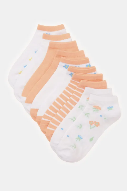 Women White And Orange Ankle Length Socks Set (5 Pairs) sold by Redtag