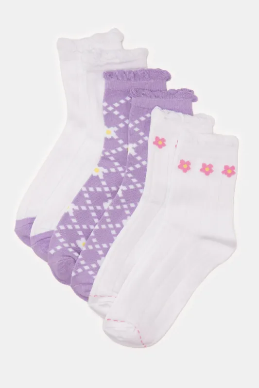 Women White And Purple Ankle Length Socks Set (3 Pairs) sold by Redtag