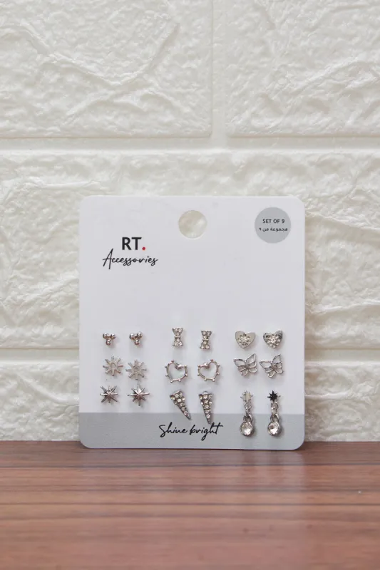 Women Silver Stud Earring Set (9 Pairs) sold by Redtag