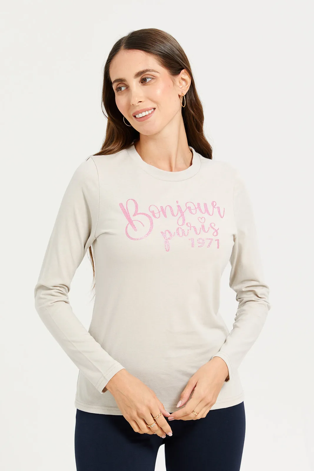Women Ivory Long Sleeves Printed T-shirt sold by Redtag