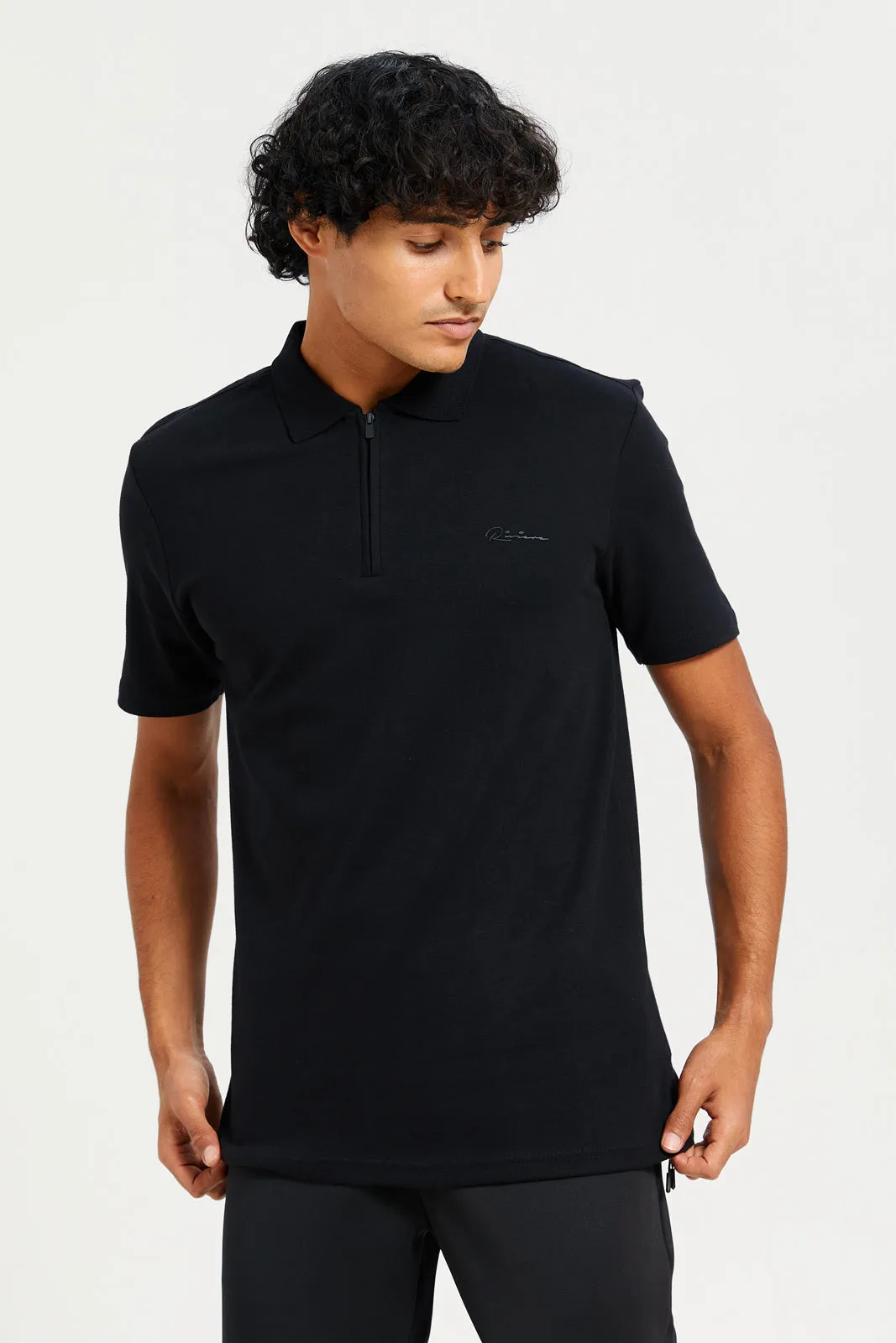 Men Black Placement Print Polo Shirt sold by Redtag