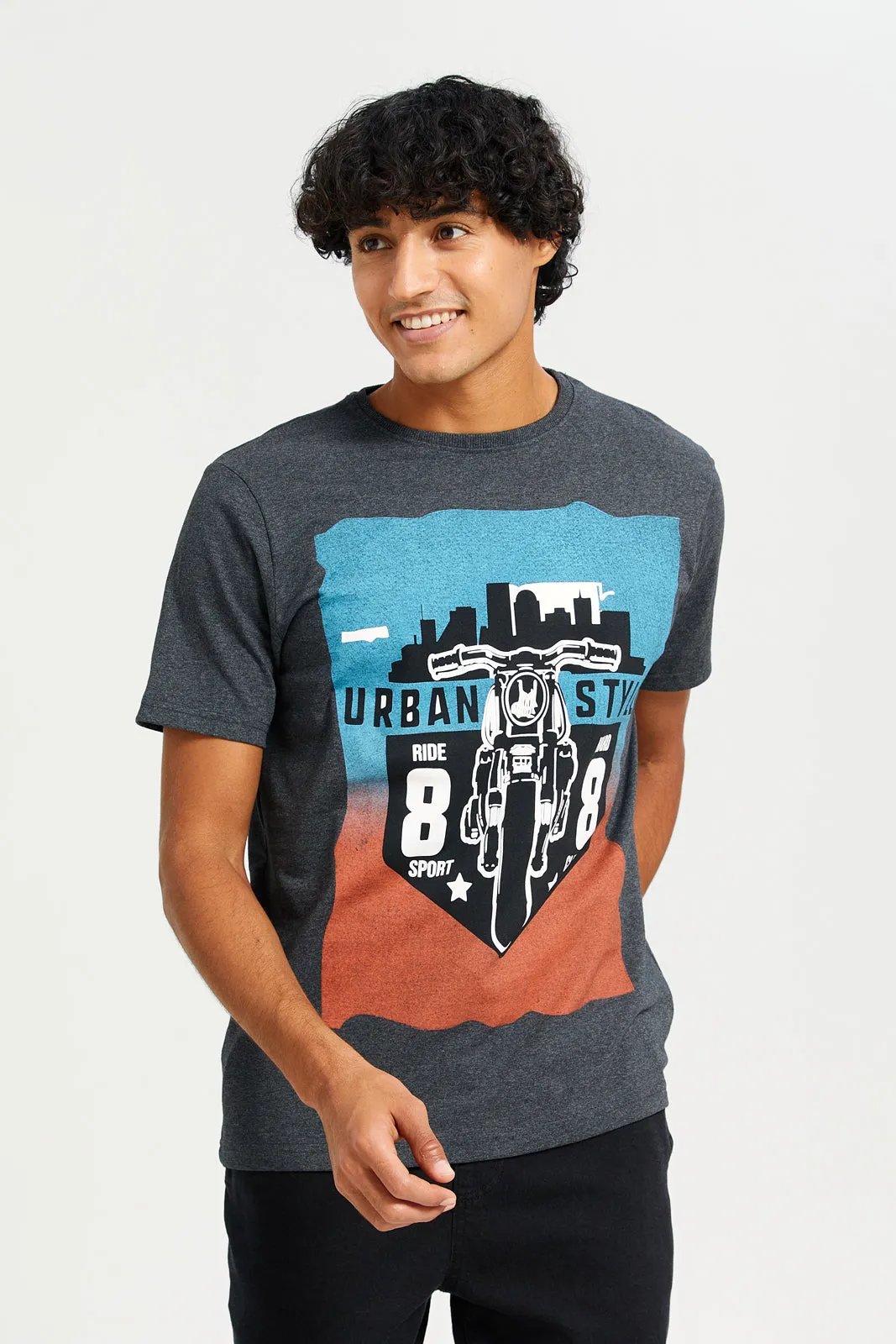 Men Charcoal Printed T-Shirt sold by Redtag