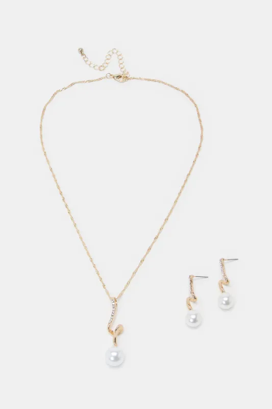 Women Gold Pearl Necklace And Earring Set (2 Piece) sold by Redtag