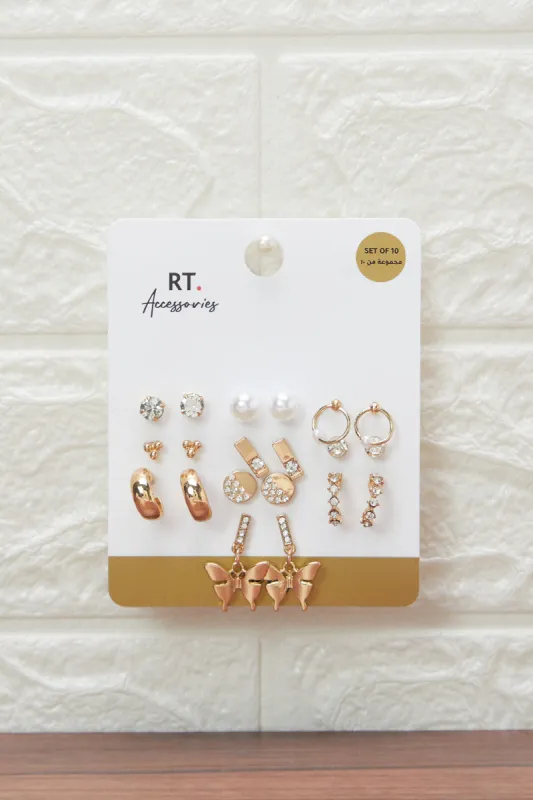 Women Gold Embellished Earring Set (10 Pairs) sold by Redtag