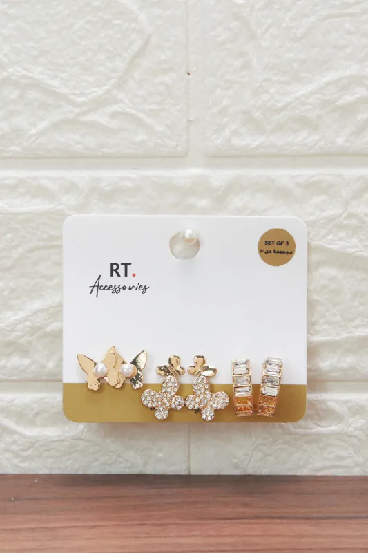 Women Gold Embellished Earring Set (3 Pairs) sold by Redtag