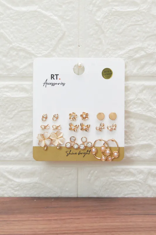 Women Gold Embellished Earring Set (9 Pairs) sold by Redtag