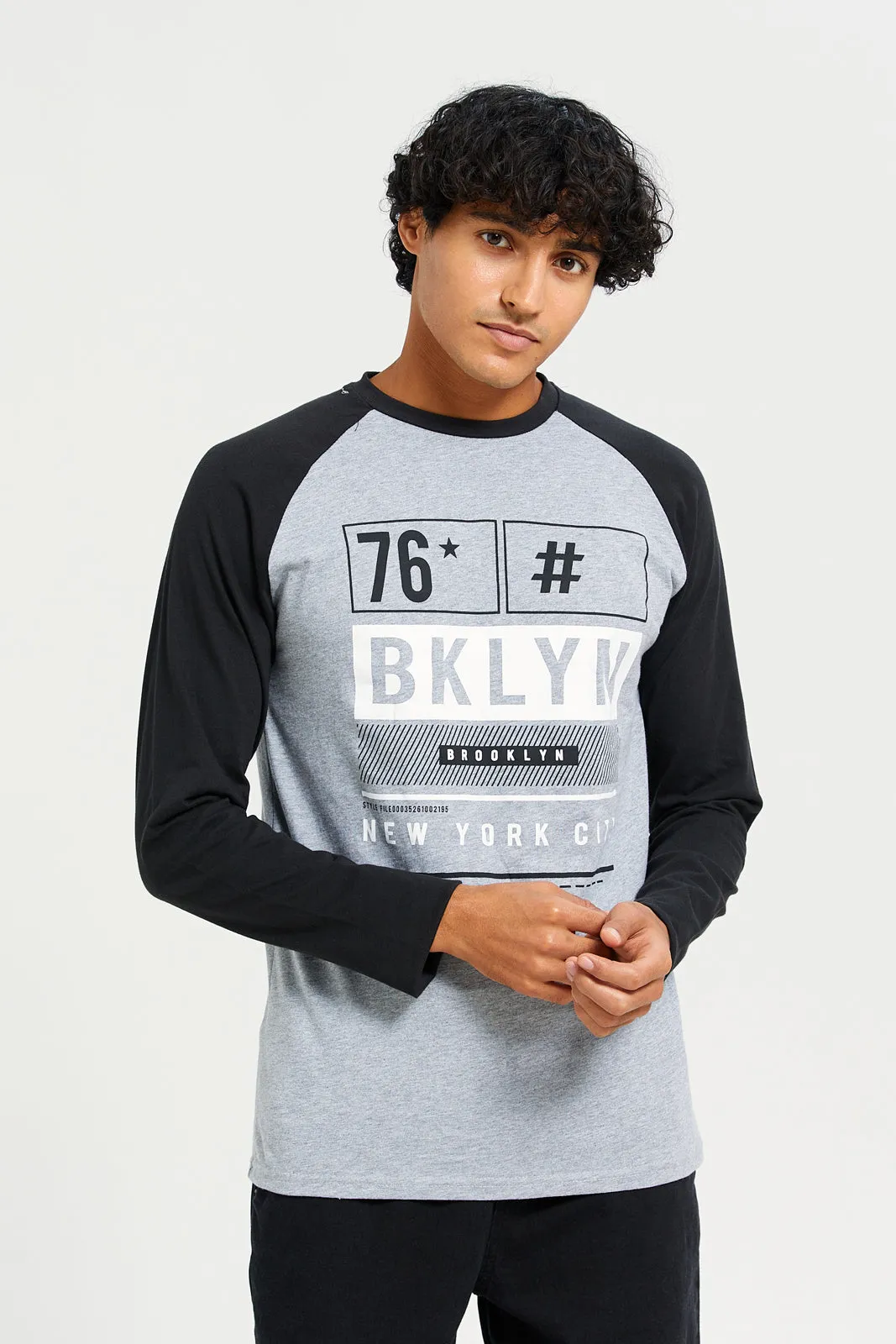 Men Grey And Black Long Sleeves Printed T-shirt sold by Redtag