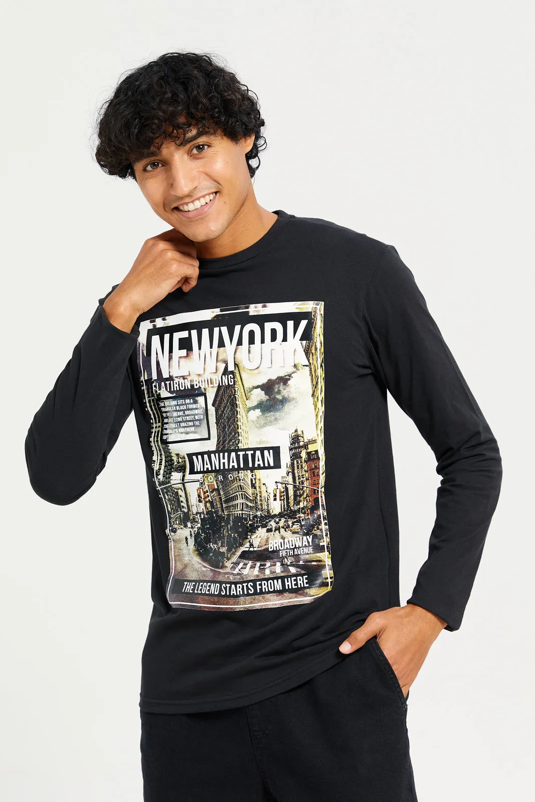 Men Black Long Sleeve Printed T-shirt sold by Redtag