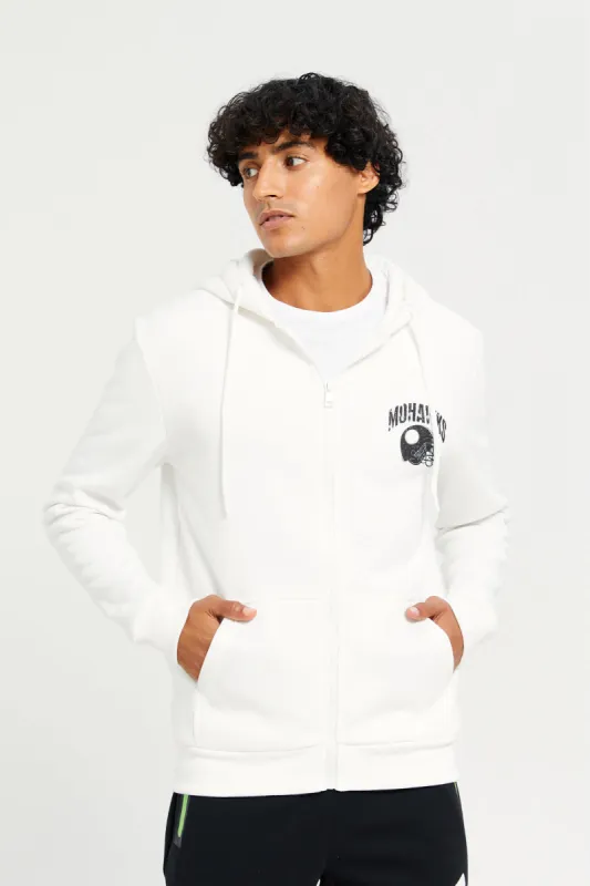 Men White Back Print Zip-Through Hoodie sold by Redtag