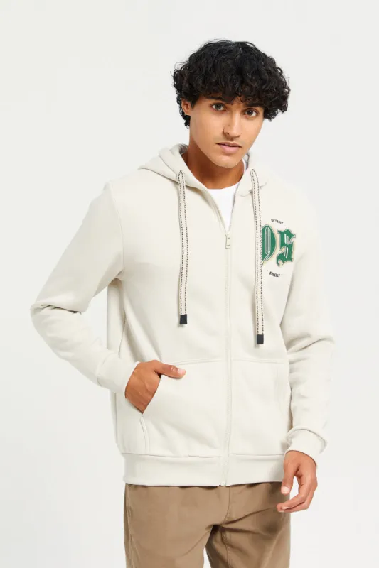 Men Beige Hooded Printed Zip-Through Sweatshirt sold by Redtag