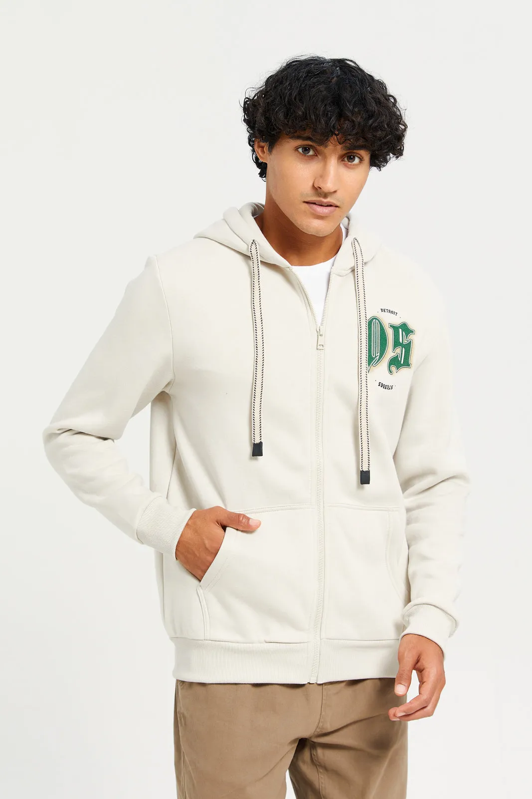 Men Beige Hooded Printed Zip-Through Sweatshirt sold by Redtag