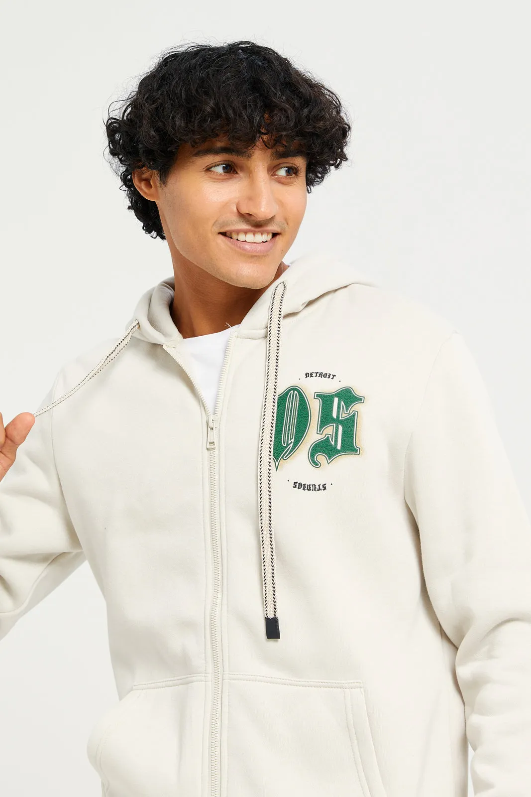 Men Beige Hooded Printed Zip-Through Sweatshirt sold by Redtag product image thumbnail 4