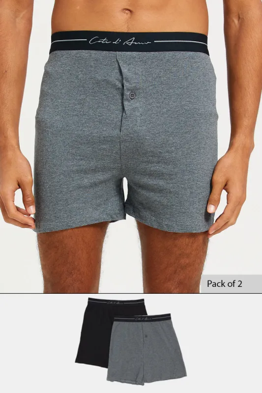 Men Black  And Grey Plain Loose Knit Boxers set (Pack Of 2) sold by Redtag