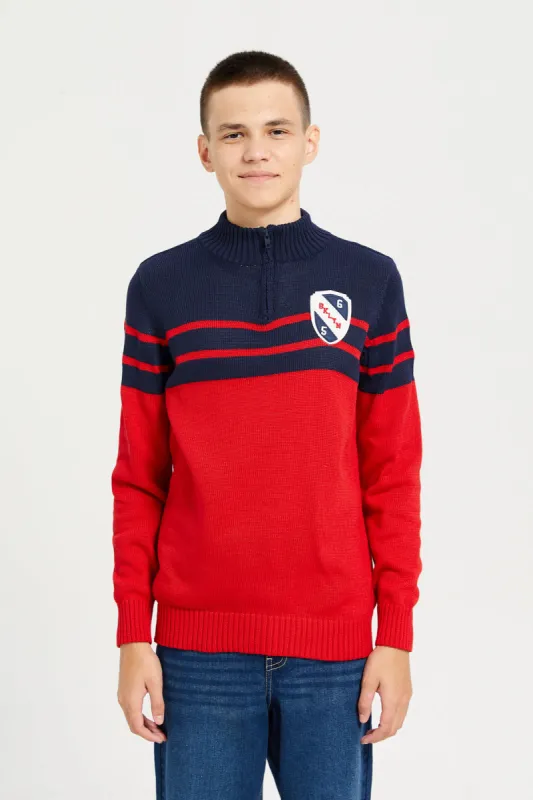 Senior Boys Red And Navy Chest Patch Sweater sold by Redtag