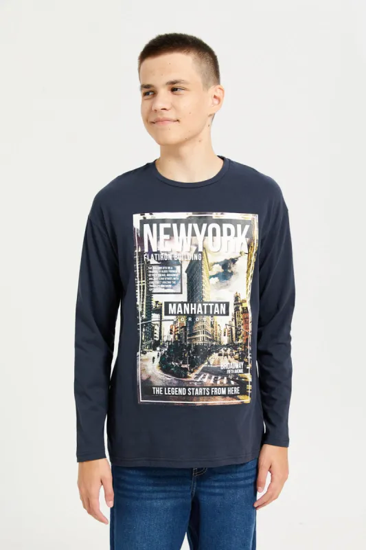 Senior Boys Navy Printed Long Sleeved T-Shirt sold by Redtag