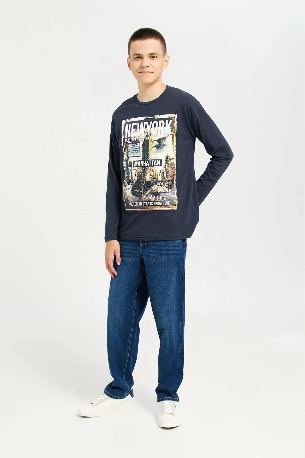 Senior Boys Navy Printed Long Sleeved T-Shirt sold by Redtag product image thumbnail 2