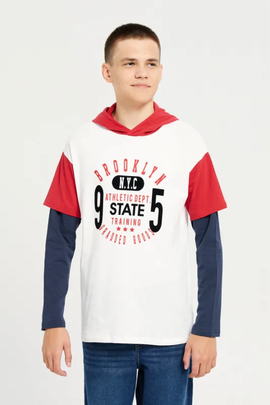 Senior Boys White Hooded T-Shirt sold by Redtag