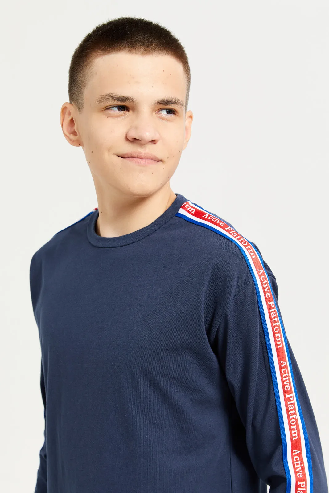 Senior Boys Blue With Printed Sleeves T-Shirt sold by Redtag product image thumbnail 4