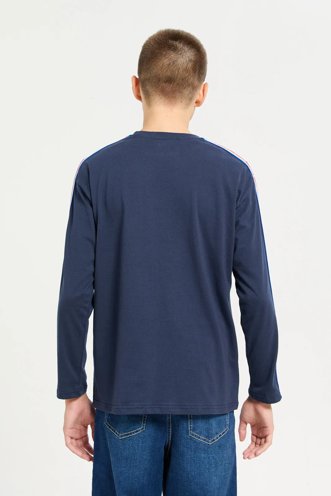 Senior Boys Blue With Printed Sleeves T-Shirt sold by Redtag product image thumbnail 3