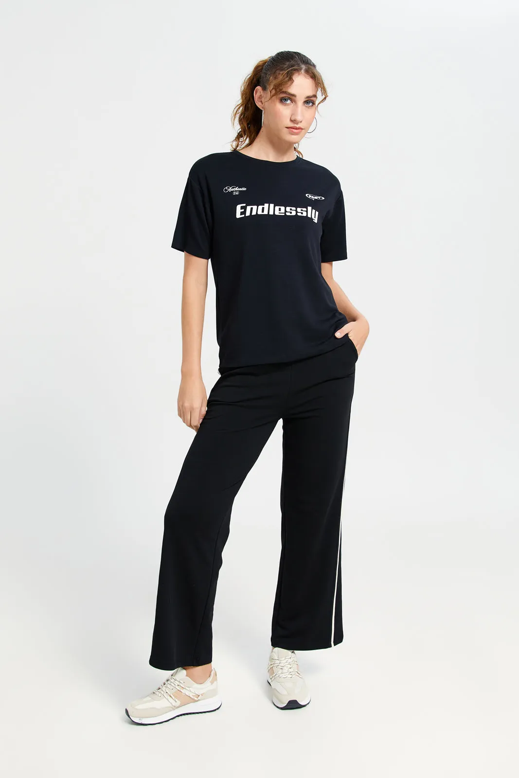 Women Black Active Pant With Ivory Tape Detailing sold by Redtag product image thumbnail 2