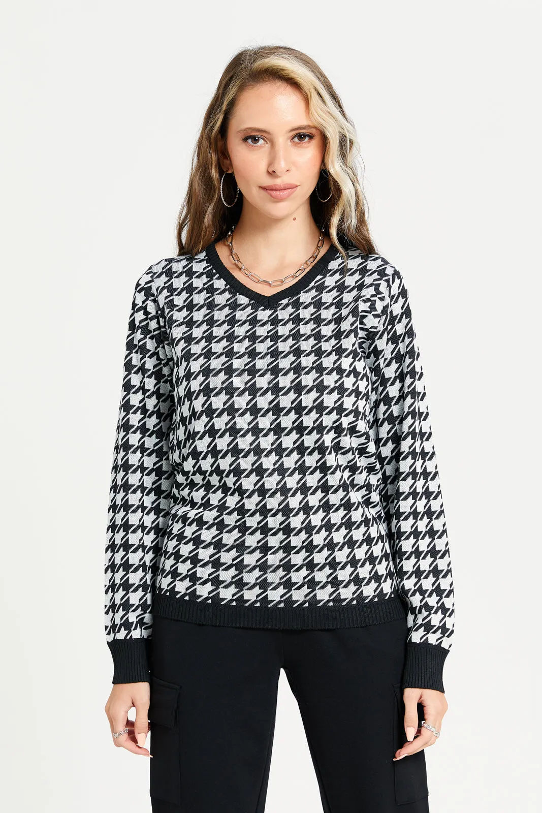 Women Black And White Jacquard Pullover sold by Redtag
