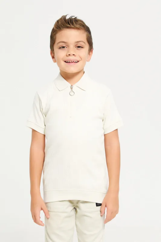 Boys Beige Zip Placket Polo T-Shirt sold by Redtag