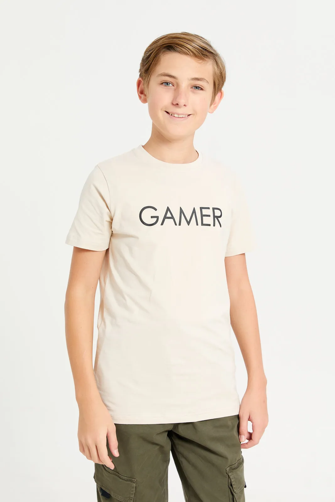 Senior Boys Beige Gamer Print T-Shirt sold by Redtag