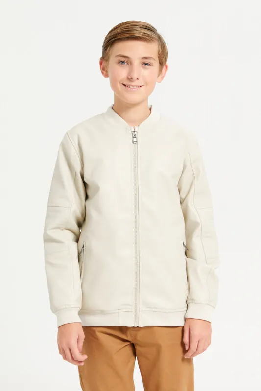 Senior Boys Beige Plain Leather Jacket sold by Redtag