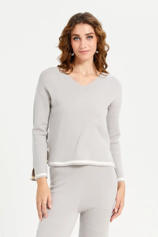 Women Grey Knitted V- Neck Sweater sold by Redtag