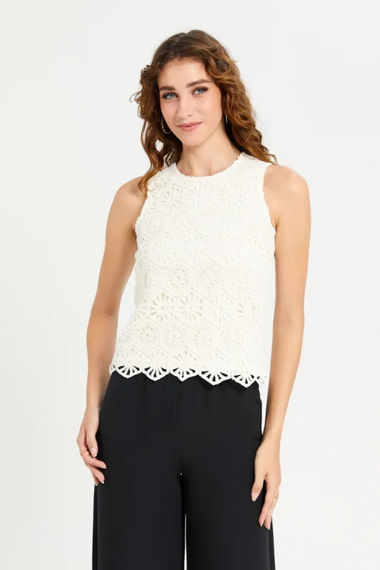 Women Ivory Crochet Front Lined Jersey Top sold by Redtag