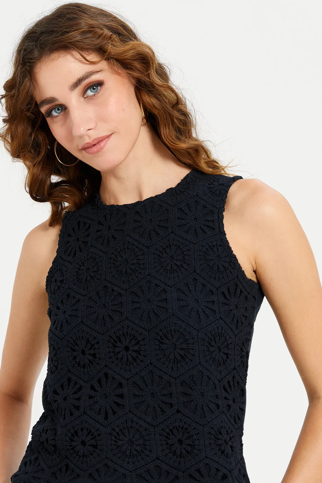 Women Black Crochet Front Lined Jersey Top sold by Redtag product image thumbnail 4