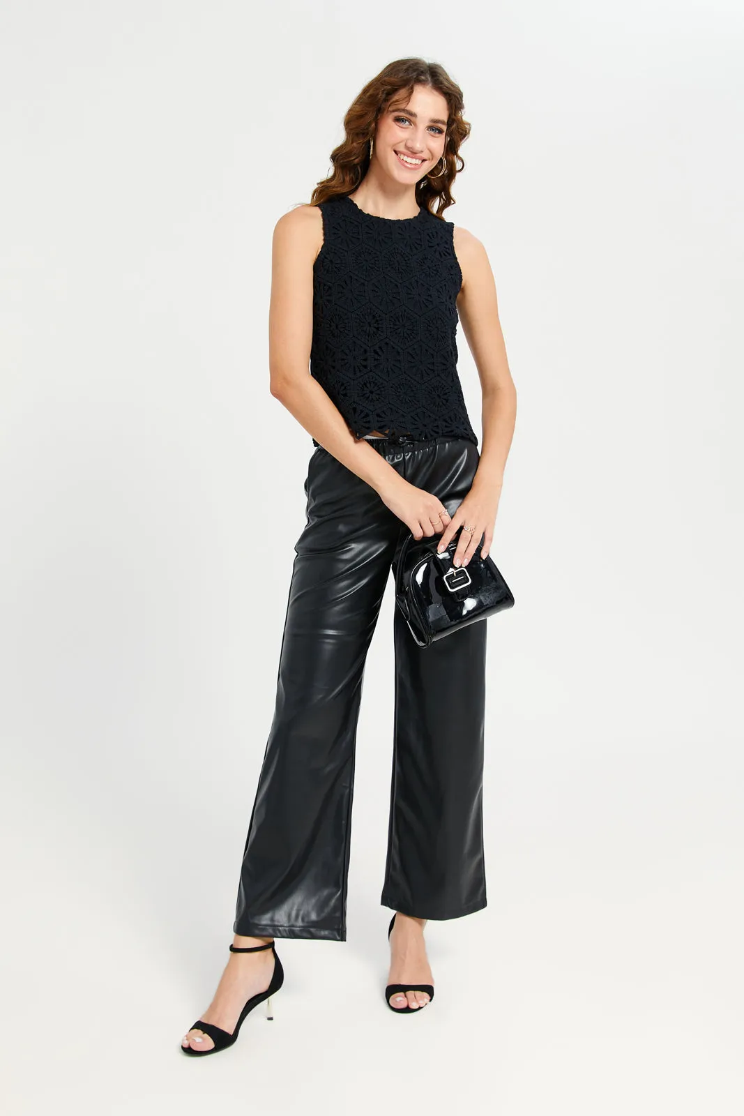 Women Black Crochet Front Lined Jersey Top sold by Redtag product image thumbnail 2