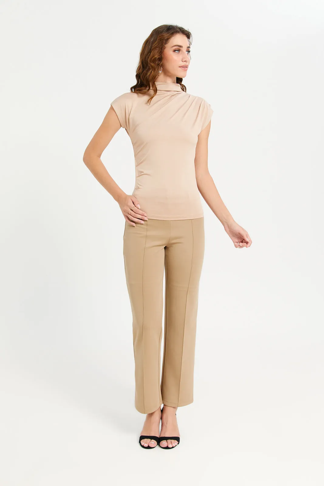 Women Beige Pleat Detail High Neck Jersey Top sold by Redtag product image thumbnail 2