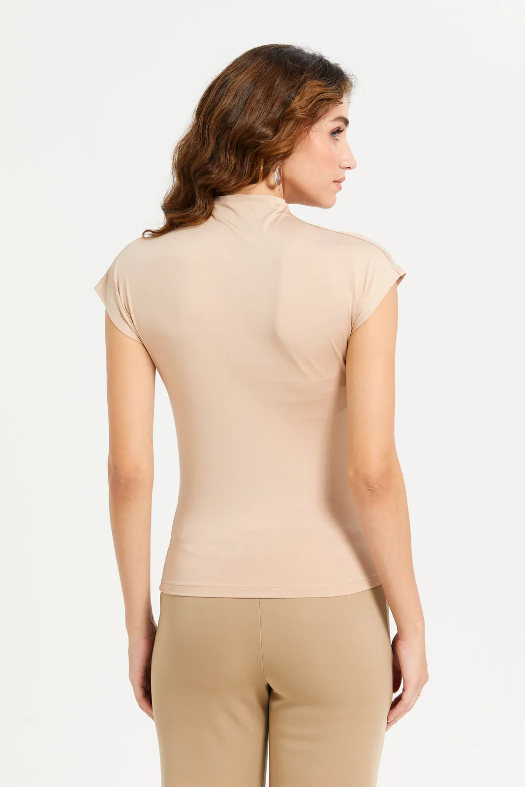 Women Beige Pleat Detail High Neck Jersey Top sold by Redtag product image thumbnail 3