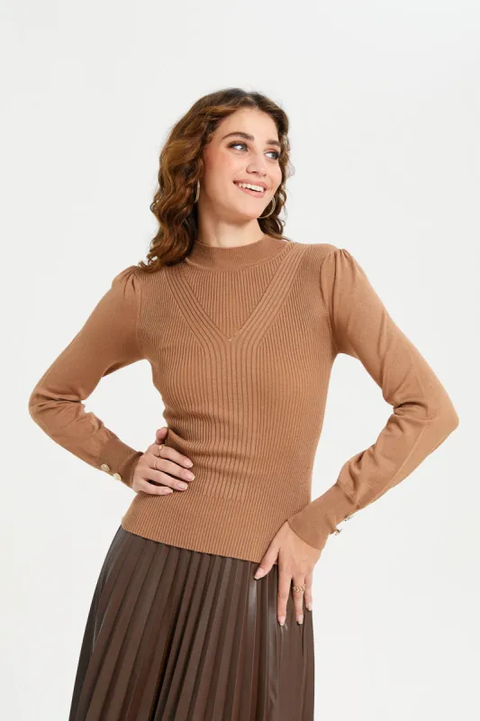 Women Brown Textured Knit High Neck Top sold by Redtag