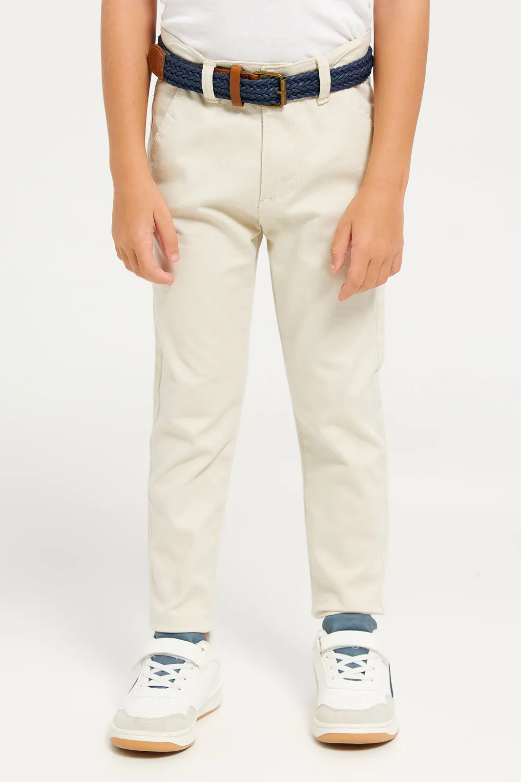 Boys Beige Dobby Fabric Belted Trouser sold by Redtag