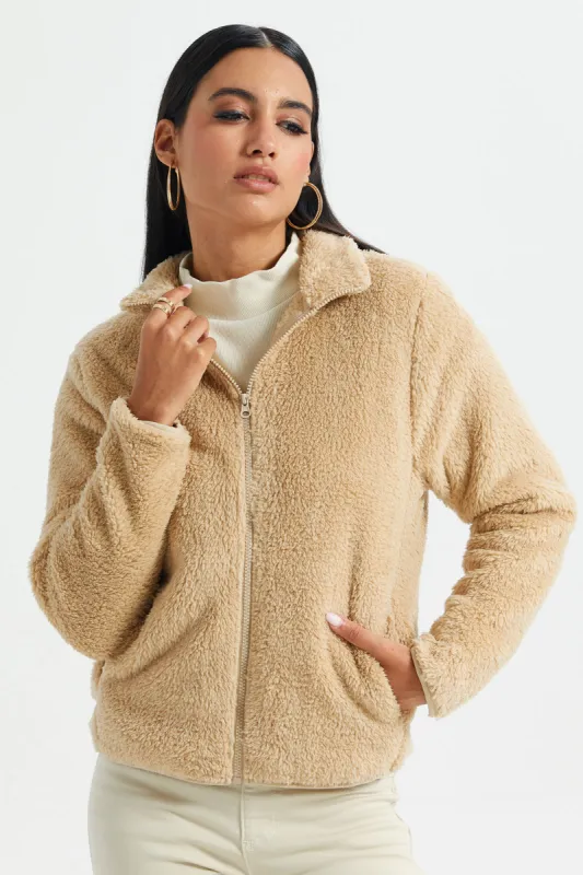 Women Beige Polar Fleece Zip Through Sweatshirt sold by Redtag