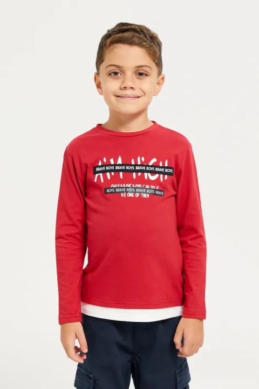 Boys Red Printed Long Sleeved T-Shirt sold by Redtag
