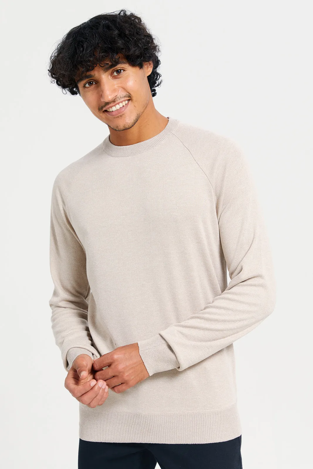 Men Beige Crew Neck Pullover sold by Redtag