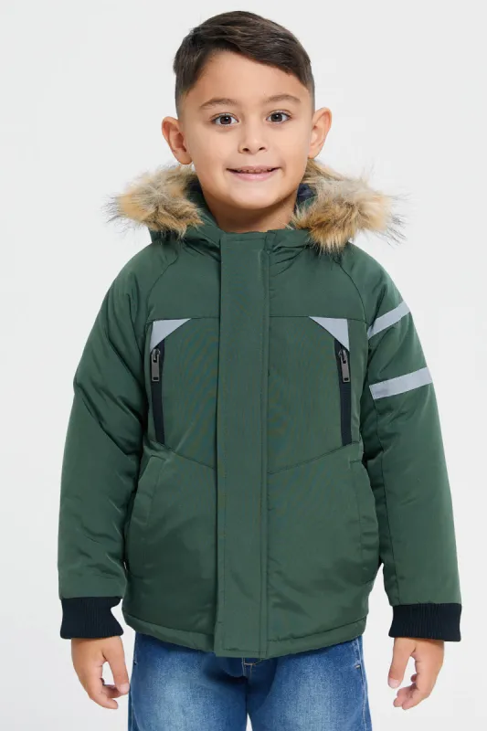 Boys Green Embellished Jacket With Fur Hooded sold by Redtag
