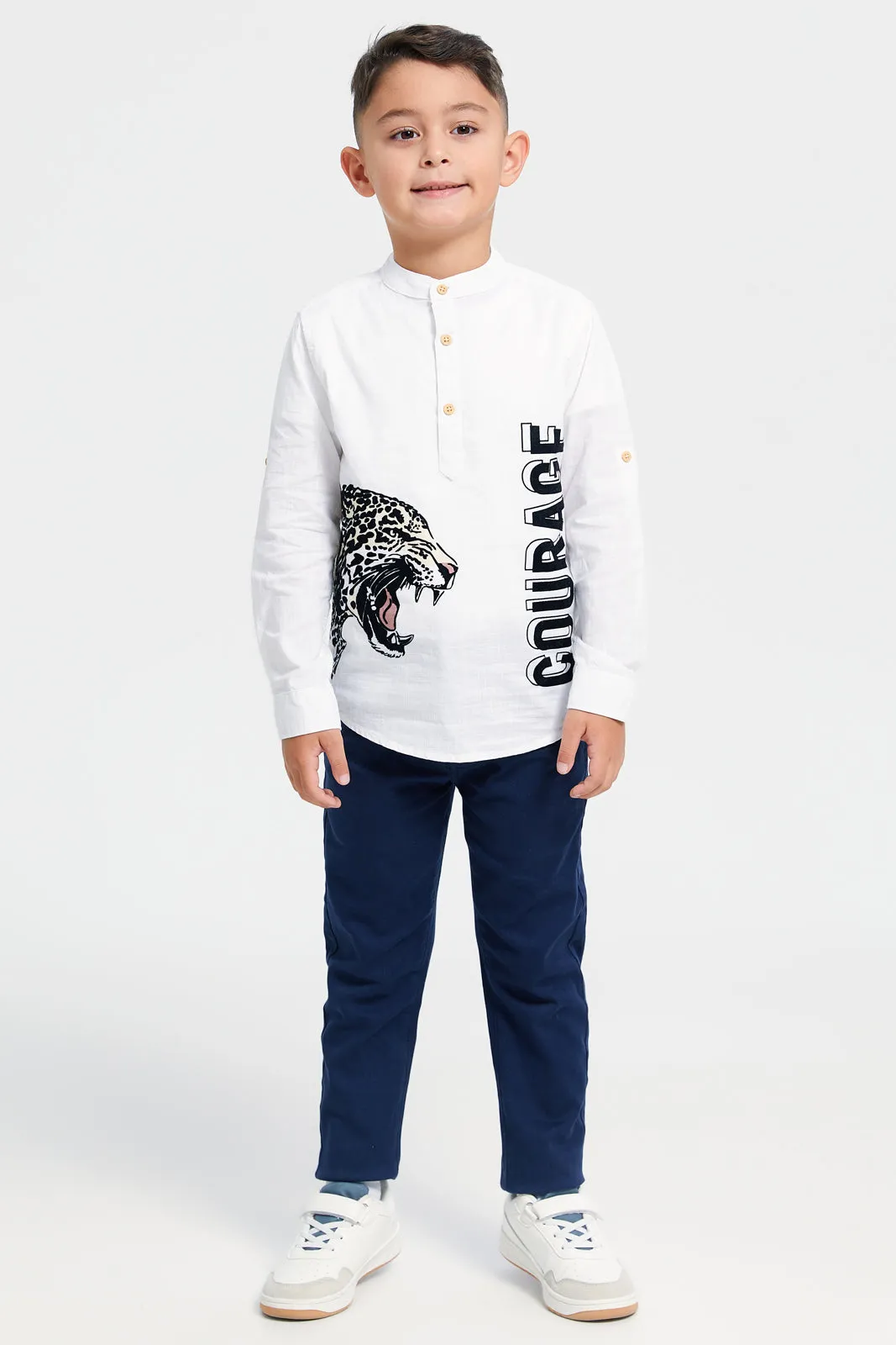 Boys Junior White Flock Leopard Print Long Sleeve Shirt sold by Redtag product image thumbnail 2