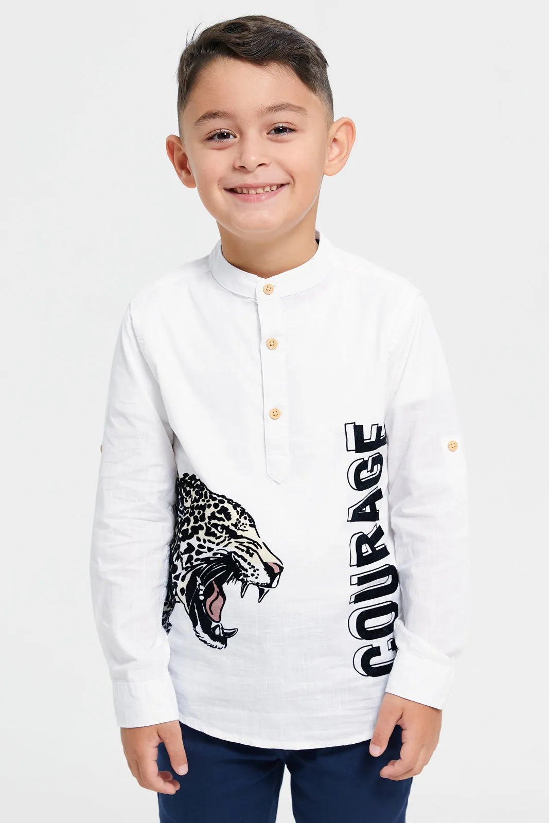 Boys Junior White Flock Leopard Print Long Sleeve Shirt sold by Redtag