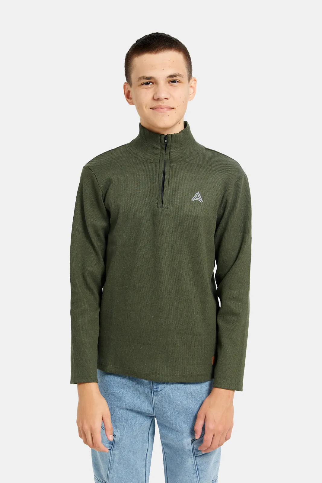 Senior Boys Olive High Neck T-Shirt sold by Redtag