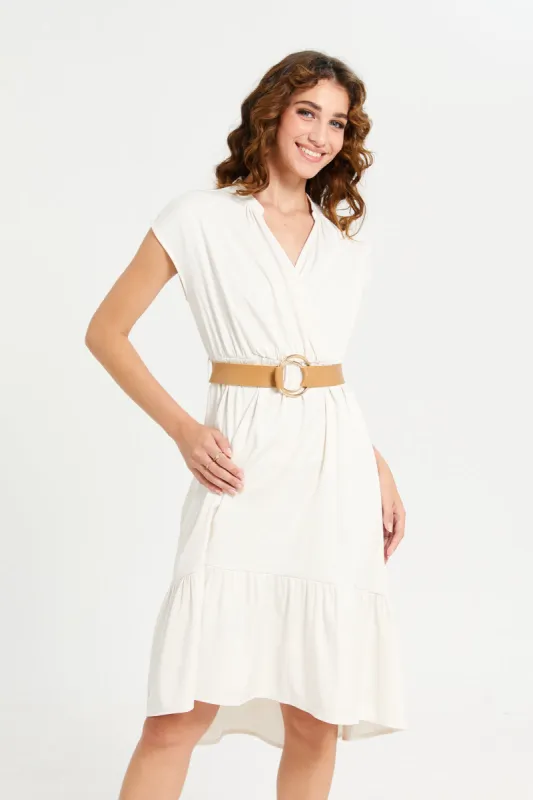 Women White Wrap Belted Dress sold by Redtag